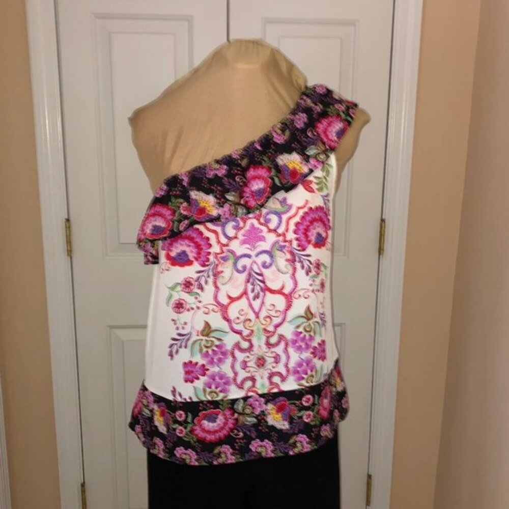 Lily White Floral Multi Color One Shoulder Ruffle Top Size Medium